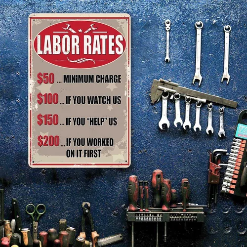Miniatura 2 de Tasas laborales Letrero de estaño Divertido Mecánico Tienda Letreros de Metal Mecánico Señal de tarifa por hora Mecánico Decoración de tienda Garaje
