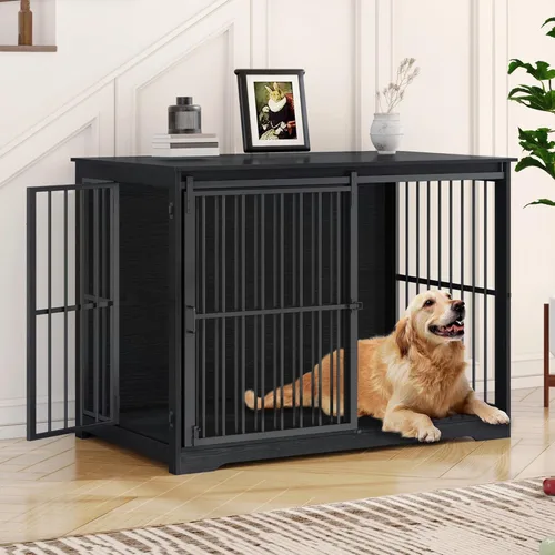 Miniatura 14 de Hzuaneri XXL Mueble de jaula grande para perros, mueble de perrera de interior de 46.9" con puerta de granero, jaula alta de madera para perros