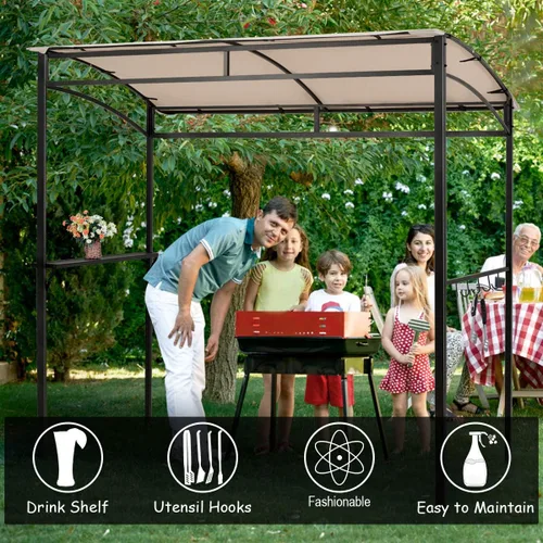 Miniatura 5 de Tangkula Cenador de parrilla de 7 pies, toldo para barbacoa de patio con estante para servir y ganchos de almacenamiento, refugio curvado con marco