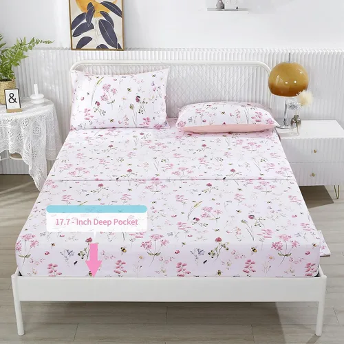 Miniatura 4 de RYNGHIPY Juego de sábanas de algodón con estampado floral de abejas Shabby, con fundas de almohada, juego de ropa de cama de algodón egipcio
