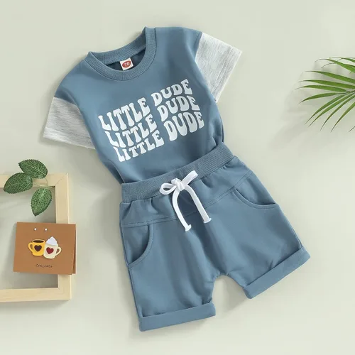Miniatura 103 de Conjunto de traje de verano para bebé niño pequeño, manga corta, cuello redondo, letras impresas, lindo traje de verano, conjunto de 2 piezas