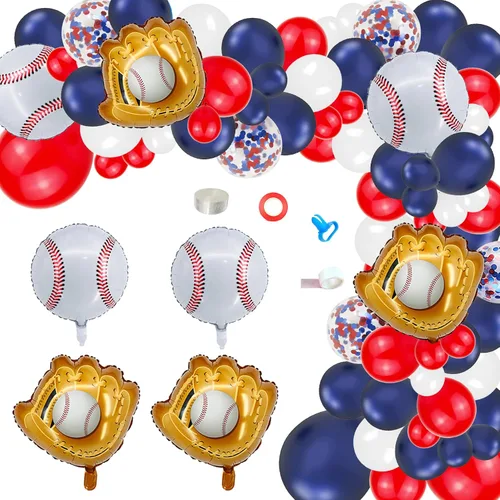 Guirnalda de arco de globos de béisbol, 146 piezas de papel de aluminio de béisbol, guantes de látex de confeti rojo, blanco, azul marino, confeti,