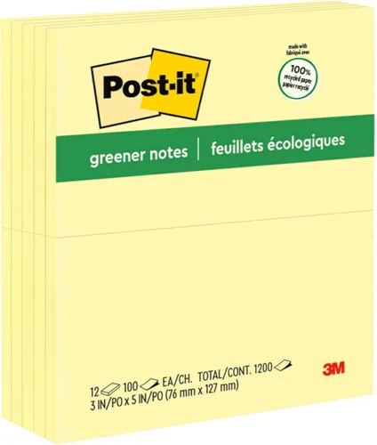 Post-it Greener Notes, 3 x 5 pulgadas, 12 blocs, notas adhesivas favoritas de Estados Unidos, amarillo canario, eliminación limpia, material 100%