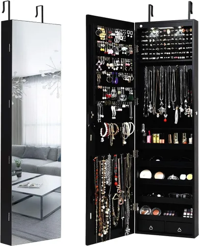 Giantex Armario de joyería para puerta de pared con espejo de longitud completa, 2 LED con cerradura grande organizador de joyas con espejo ancho,