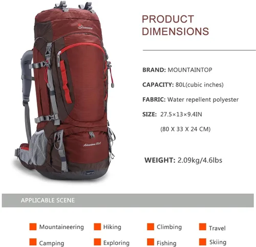 Miniatura 2 de MOUNTAINTOP Mochila de marco interno de 80L para hombre y mujer Mochila de senderismo con cubierta de lluvia Granate-80l