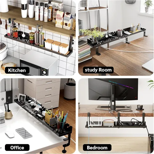 Miniatura 7 de Bandeja extendida de metal para organizar cables debajo del escritorio con toma de corriente, organizador de cables sin taladrar con abrazadera