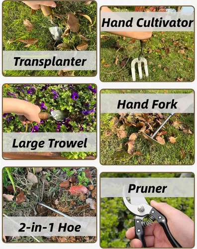 Miniatura 7 de Juego de herramientas de jardín, 6 herramientas de mano de jardinería de acero inoxidable resistente con cuerdas, incluye cultivador de mano, pala