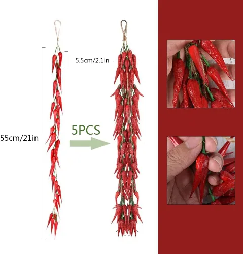 Miniatura 2 de Paquete de 5 piezas de simulación artificial realista de vegetales artificiales de ajo rojo pimienta roja verduras falsas cebolla colgante cuerda