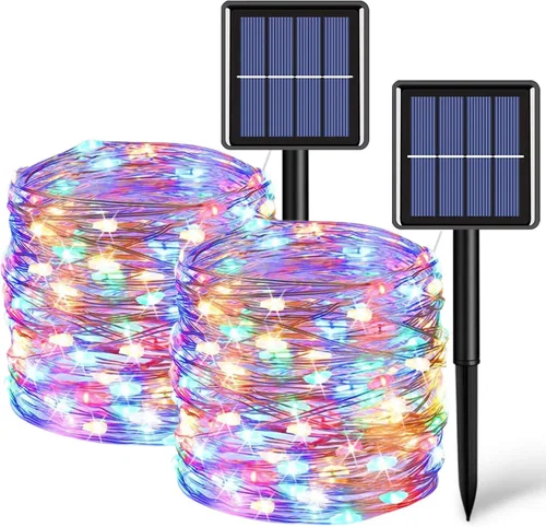 Miniatura 10 de QITONG Guirnalda de luces solares impermeables para exteriores, paquete de 2 unidades de 200 luces LED blancas de Navidad de 66 pies, cable Blanco