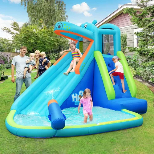 Miniatura 8 de HONEY JOY Tobogán acuático inflable, tema hipopótamo, parque acuático, casa de rebote para patio trasero, pared de escalada y tobogán, toboganes