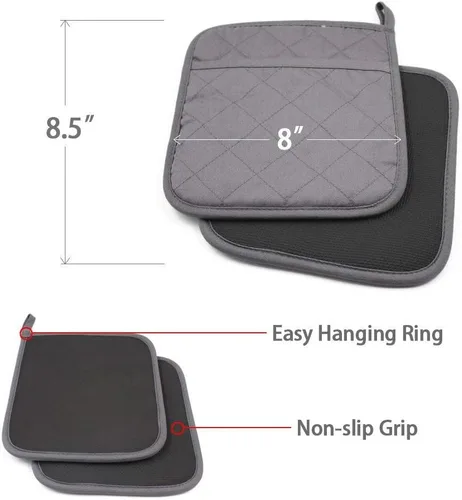 Miniatura 2 de Juego de 2 soportes para ollas grises para cocina, resistentes al calor, almohadillas calientes con bolsillos, antideslizantes, agarre suave