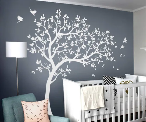 Miniatura 13 de Calcomanías de pared para árbol grande, calcomanías de árbol inclinado con pájaros, mural de vinilo decorativo KW032