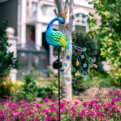 Miniatura 9 de DREAMSOUL Estacas de luz solar de jardín de pavo real de metal al aire libre decorativas - Luz de camino LED solar impermeable de pavo real