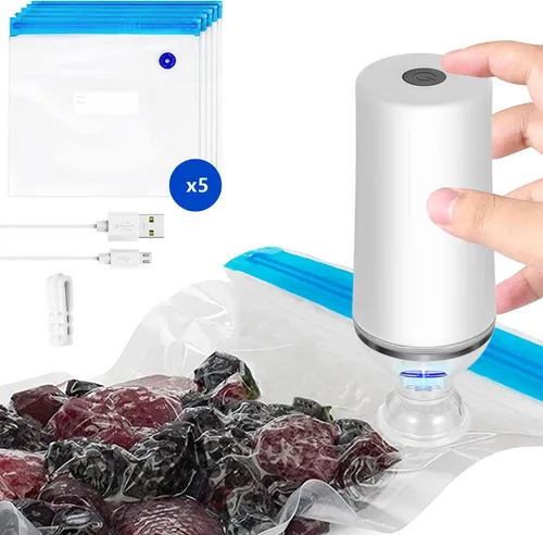 VICARKO Sellador de alimentos al vacío, sellador ahorrador, bomba de mano recargable por USB, para Sous Vide y almacenamiento de alimentos, con 5