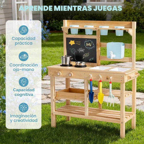 Miniatura 4 de ROBUD Cocina de Barro para Niños al Aire Libre, Cocina de Madera para Jugar al Aire Libre, Cocina de Barro para Niños con Fregadero y Grifo