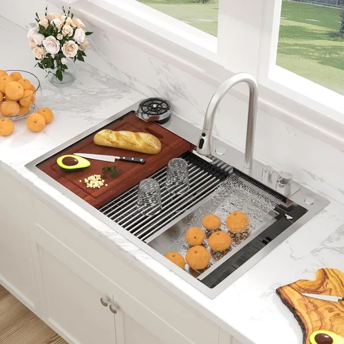 Miniatura 38 de Sarlai - Fregadero de cocina de cascada de 31 pulgadas, de montaje superior - 31x20 Fregadero de cocina con borde y estación de trabajo, de acero