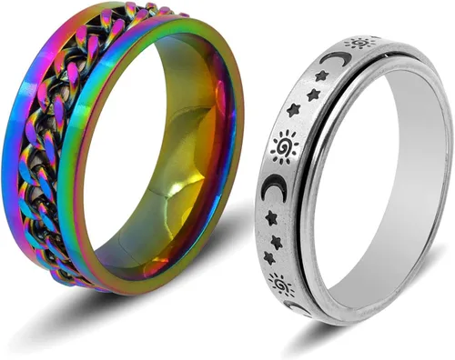 Miniatura 8 de Juego de anillos de acero inoxidable para mujeres y hombres, anillos de ansiedad, luna y estrella, anillo para aliviar la ansiedad y el estrés