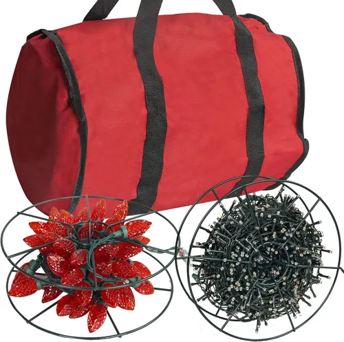 Dazzle Bright Bolsas de almacenamiento para luces de Navidad, 3 carretes metálicos para guardar las luces de Navidad, Bolsa roja de tela Oxford