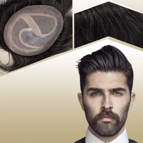 Miniatura 12 de Toupee para hombres sistemas de reemplazo de cabello humano real europeo para hombres, postizos finos, centro de encaje, piel más gruesa, pieza