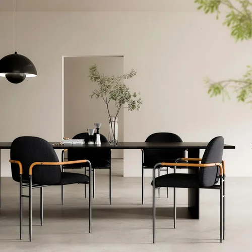 Miniatura 5 de Silla de comedor moderna de tela negra de lino con respaldo curvo, patas de metal y reposabrazos de cuero, sillón moderno de mediados de siglo