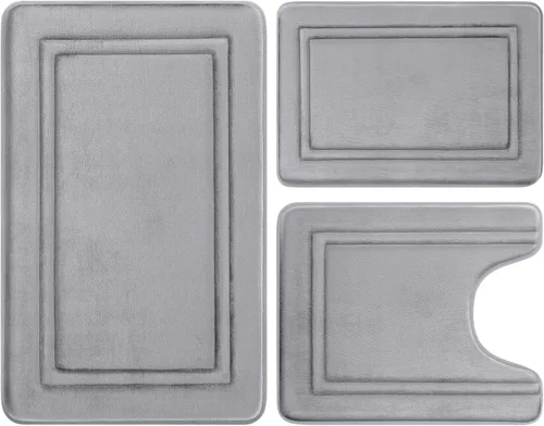BYSURE Tapete de baño de espuma viscoelástica gris, antideslizante, extra suave, absorbente, lavable a máquina, juego de alfombras de baño de 3