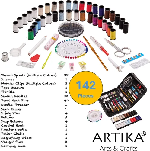 Miniatura 2 de ARTIKA Kit de costura para adultos y niños – Pequeño juego para principiantes con hilo multicolor, agujas, tijeras, dedal y clips – Kits
