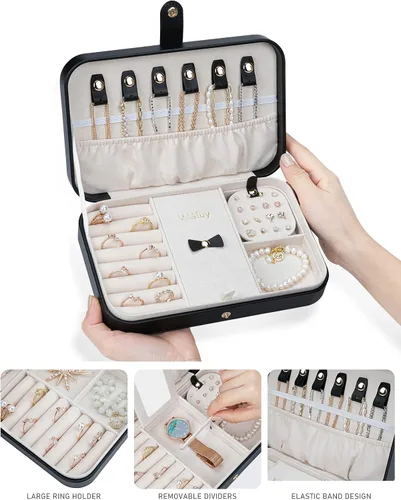 Miniatura 58 de Joyero pequeño, joyero de viaje portátil para mujer, mini organizador de viaje de 2 capas, regalo para mujeres y niñas, negro A