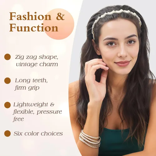 Miniatura 6 de Auseibeely 6 diademas en zigzag para mujer, diadema ondulada antideslizante con dientes, diadema de plástico en forma de U para niñas, adolescentes