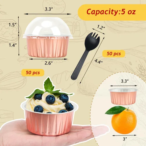 Miniatura 3 de Jumbo 5oz 148ml de papel de aluminio para cupcakes con tapas, juego de 50, Free-Air, ramequines desechables, moldes para magdalenas, mini moldes