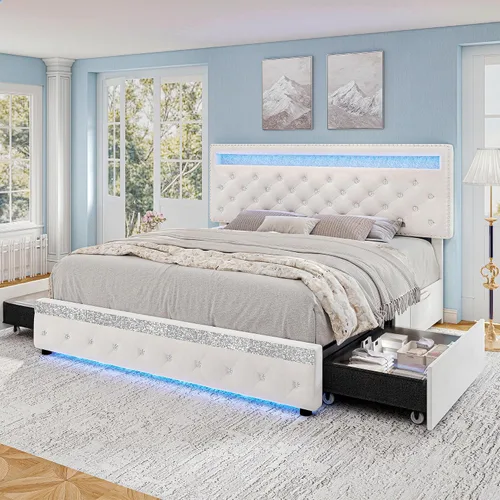 Torana Marco de Cama LED Queen con 2 Cajones, Camas de Plataforma Tapizadas en Terciopelo con Cabecera de Almacenamiento Ajustable, Marco de Cama