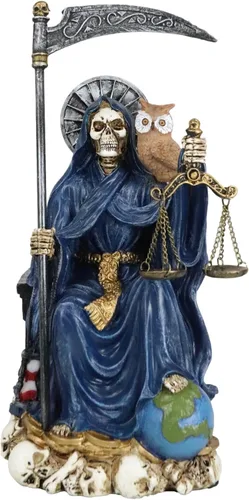 Ebros Gift Santa Muerte Sosteniendo Guadaña Reloj de arena y escalas de justicia con búho sabio sentado en el trono Estatuilla Hueso de la Muerte