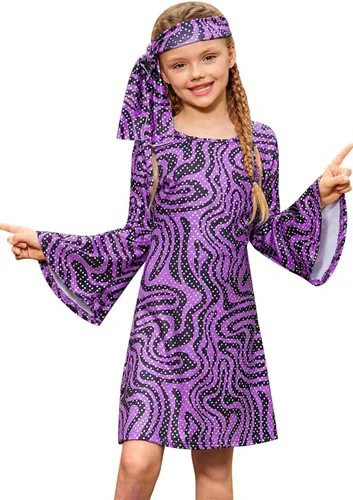 BesserBay Vestido de baile de lentejuelas con lentejuelas y diadema para niña de los años 70, de 4 a 14 años