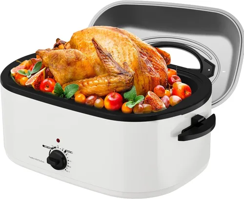 Miniatura 24 de Sunvivi Horno asador eléctrico con tapa visible, horno asador de pavo de 24 cuartos de galón con sartén y estante extraíbles, acero inoxidable