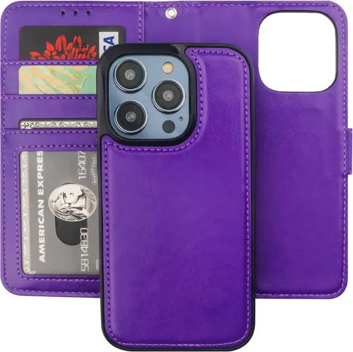 Miniatura 19 de Bocasal Funda tipo cartera desmontable para iPhone 14 Pro con bloqueo RFID, ranuras para tarjetas, soporte magnético de piel sintética de alta Negro
