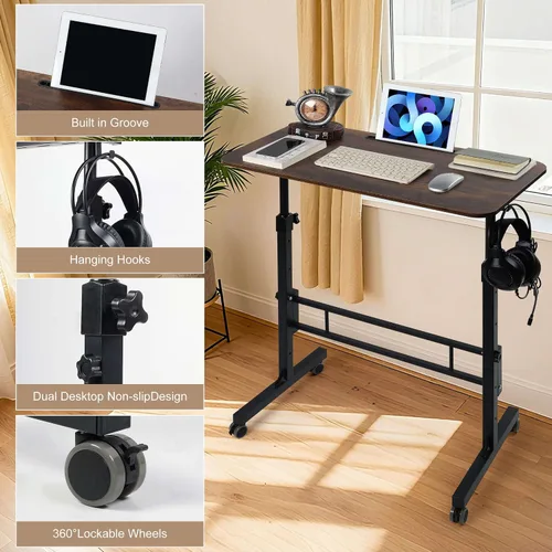 Miniatura 6 de Escritorio de pie ajustable con ruedas, escritorio portátil con ruedas, mesa pequeña para computadora portátil para oficina en casa, estación