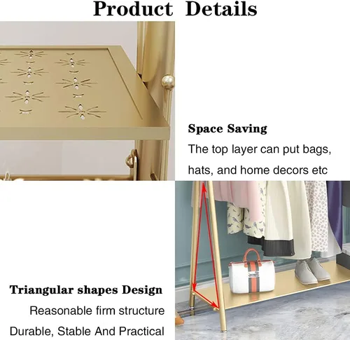Miniatura 2 de Perchero industrial dorado independiente con estantes dobles, perchero móvil resistente para organizar ropa y zapatos (47 pulgadas de largo)