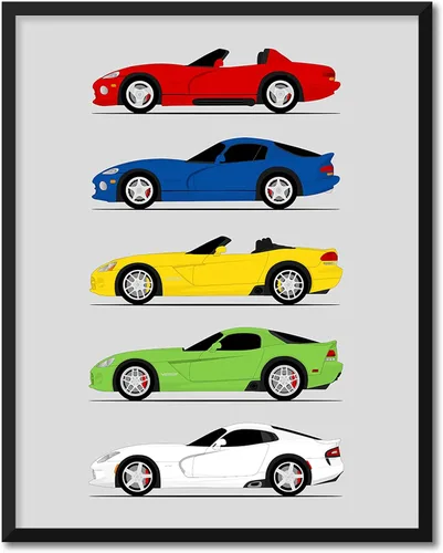 Miniatura 15 de Custom Car Posters Póster hecho a mano compatible con Dodge Viper Generations e impresión de Viper R/T GTS SRT10, color rojo con rayas blancas, 3.