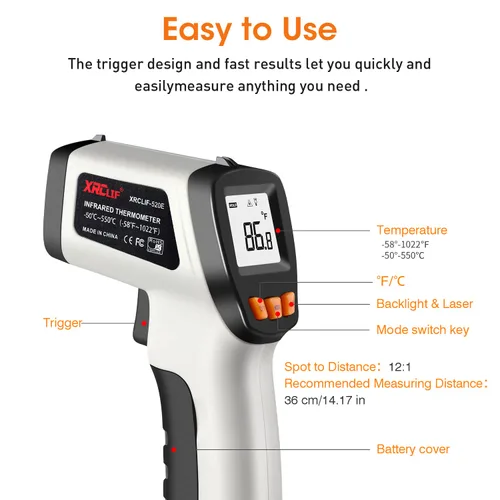 Miniatura 3 de Pistola de temperatura con termómetro láser IR, -58 °F a 1022 °F, pistola de temperatura infrarroja sin contacto con emisividad ajustable y pantalla
