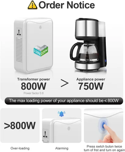 Miniatura 6 de Transformador elevador de 120 V a 240 V, convertidores de voltaje de potencia de 1000 W, sin ruido, apto para máquinas de café, ollas arroceras
