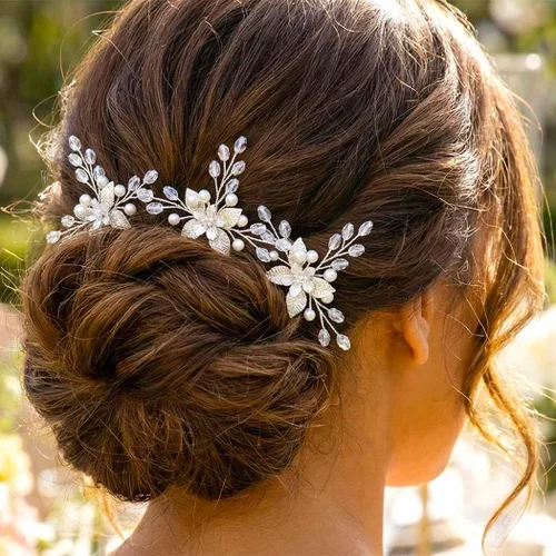 HEREAD Flower Bride - Horquillas para el cabello de boda con perlas plateadas, accesorios para el cabello de hojas para mujeres (paquete de 3)