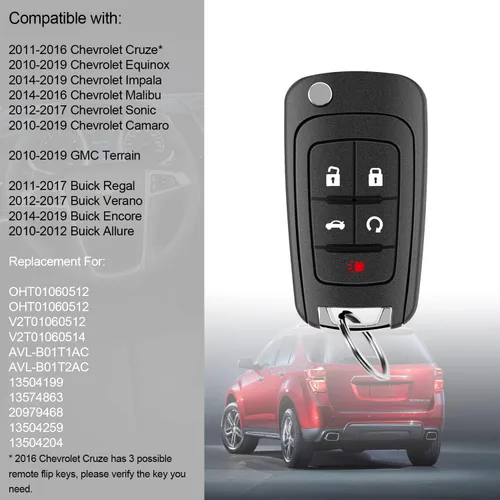 Miniatura 2 de Llavero de repuesto de 5 botones tipo flip compatible con Chevy Equinox Camaro 2010 2011 2012 2013 2014 2015 2016 2017 Cruze Malibu Impala Sonic GMC