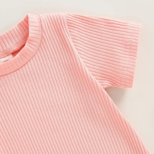 Miniatura 6 de BULINGNA Mameluco de verano para bebé, niña, niño, cuello redondo, color liso, de punto, acanalado, traje corto de una pieza