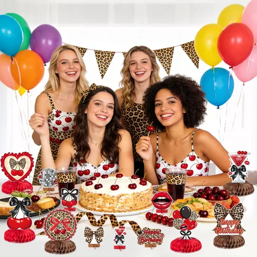 Miniatura 5 de Haooryx Centros de mesa de panal de cereza, guepardo rojo, 12 piezas, estampado de leopardo, lazo negro, decoración de mesa para fiesta