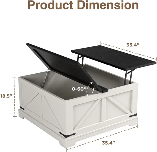 Miniatura 3 de Vabches Mesa auxiliar elevable de 35.4 pulgadas con almacenamiento, mesas de centro cuadradas de granja para sala de estar, mesa central