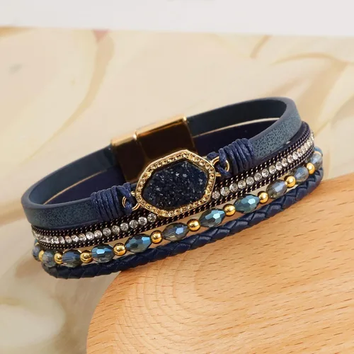 Miniatura 3 de Jewbelet - Pulsera de cuero estilo bohemio con cuentas de cristal con cierre de joyería para mujer