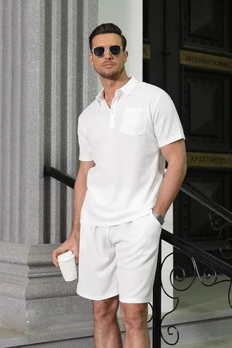 Miniatura 53 de COOFANDY Conjunto de camisa polo y pantalones cortos de punto gofre para hombre, conjunto de 2 piezas, traje de verano casual con bolsillos