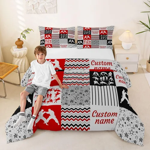 Miniatura 34 de Juego de edredón de softbol personalizado, juego de ropa de cama de retazos a cuadros para niños y niños, edredón de bate de béisbol, juego