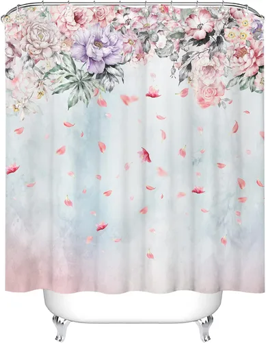 Miniatura 4 de Tititex Juegos de Cortinas de Ducha de Rosas Lilas Rosadas con Flores, Pétalos Florecientes Ruborizados que Caen, Decorativo de Baño 70x70 Pulgadas