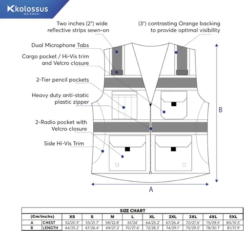 Miniatura 6 de Kolossus Chaleco de seguridad de alta visibilidad Bolsillos delanteros Cinta reflectante naranja plateado para hombres y mujeres Clase 2