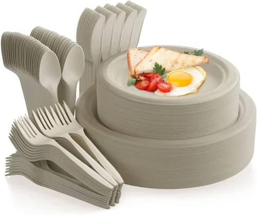 Fuyit Juego de 250 platos de papel desechables con cubiertos, vajilla biodegradable y ecológica compostable, incluye plato, tenedor más grande,